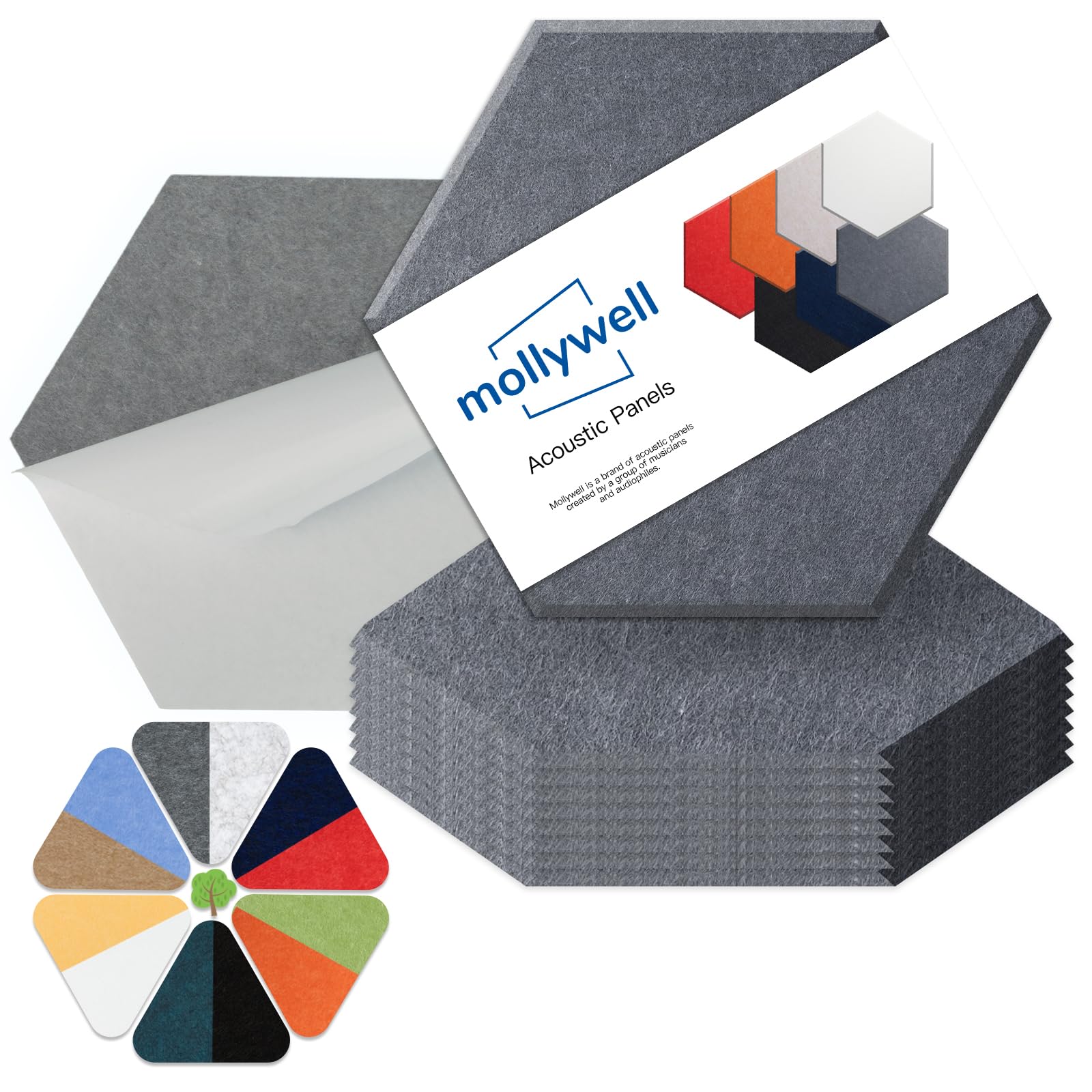 Mollywell Hexagon Acoustic Panels, High Density, Soundproofing, Decorative Noise Reduction Felt Wall Tiles For Ceilings, Home Of